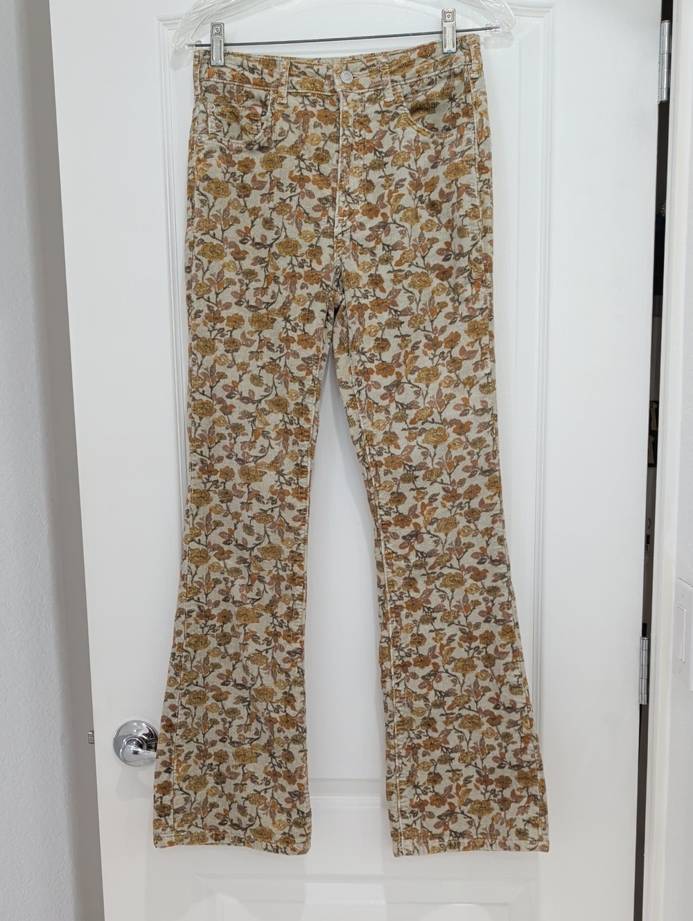 Pilcro Corduroy High Rise Floral Flare Pants Jeans 28 Golden Maize Taupe Brown